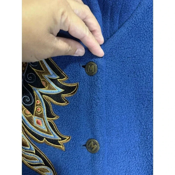 BOB MACKIE Wearable Art Fleece Jacket Blue Embroidered Floral Large Soft Office - Picture 5 of 12